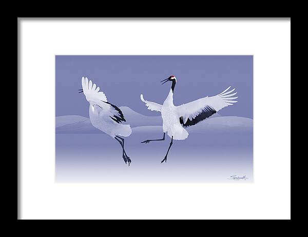 Bird Framed Print featuring the mixed media Dancing Red-crowned Cranes by M Spadecaller