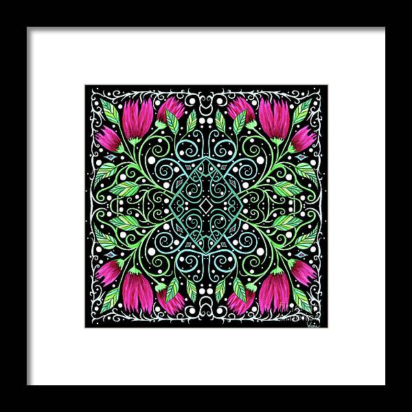 Lise Winne Framed Print featuring the mixed media Dancing Tulips and Leaves with Ornate Gate Work by Lise Winne