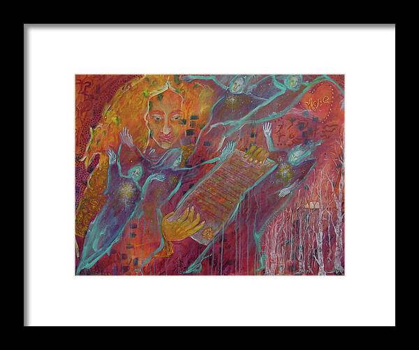Dancing With Fire Framed Print featuring the painting Dancing With Fire Interpreting the Calligraphy of Its Burns by Feather Redfox
