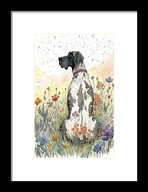 Great Dane Framed Print featuring the digital art Dapple Dane in Flowers by Debbie Brown