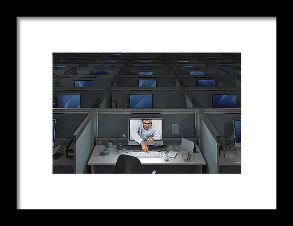 Empty Framed Print featuring the photograph Dark office, one computer on, man touches keyboard by Dimitri Otis