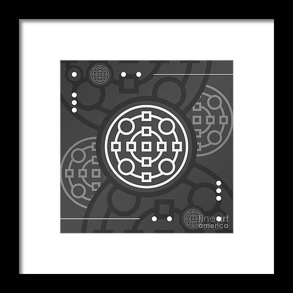 Abstract Framed Print featuring the mixed media Dark Steely Geometric Glyph Art in Black Gray and White n.0140 by Holy Rock Design