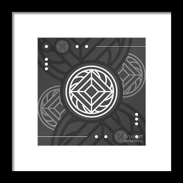 Abstract Framed Print featuring the mixed media Dark Steely Geometric Glyph Art in Black Gray and White n.0270 by Holy Rock Design