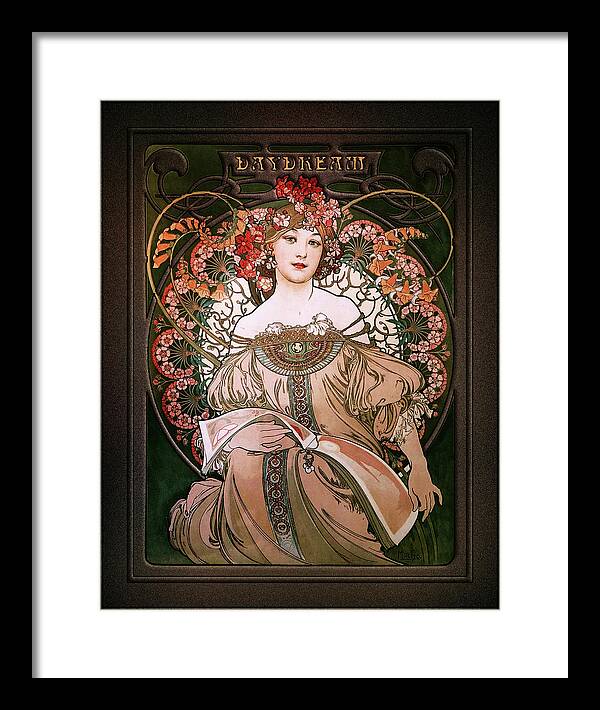 Daydream Framed Print featuring the painting Daydream by Alphonse Mucha Black Background by Rolando Burbon