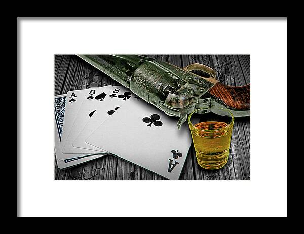 Game Framed Print featuring the photograph Dead Man's Hand Aces and Eights wth Whiskey Glass and Colt Revol by Randall Nyhof