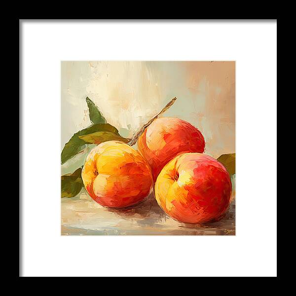 Peaches Artwork Framed Print featuring the painting Three Peaches - Peaches Art by Lourry Legarde