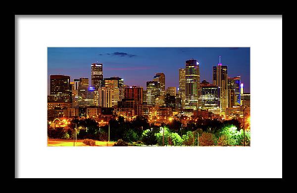 Denver Skyline Framed Print featuring the photograph Denver Skyline Cityscape Panorama at Twilight by Gregory Ballos