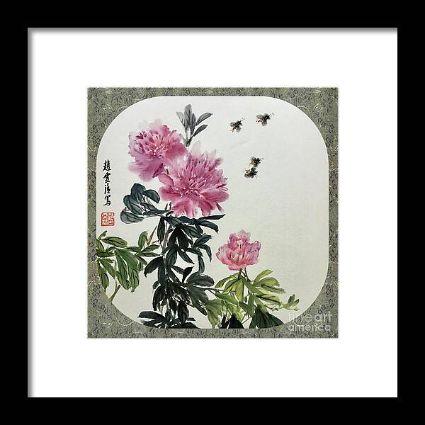 Peony Flowers Framed Print featuring the painting Depend On Each Other - 4 by Carmen Lam