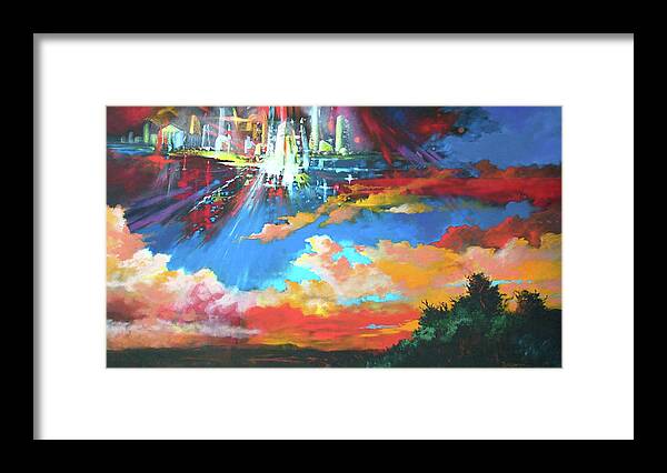 Surreal Framed Print featuring the painting Descent of New Jerusalem by Pat Wagner