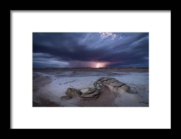 Storm Framed Print featuring the photograph Desert Storm with Lightning by Wesley Aston
