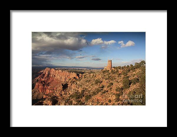 Desert Tower Sunlight Afternoon Grand Canyon Cliffs Blue Sky Clouds Framed Print featuring the photograph Desert tower point by Ed Stokes