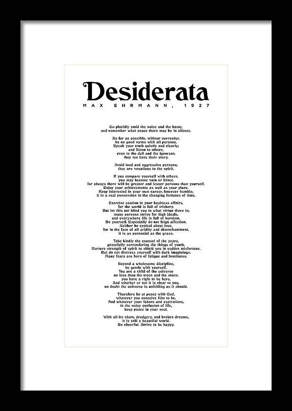 Desiderata Framed Print featuring the mixed media Desiderata by Max Ehrmann - Literary print 7 - Go Placidly Amid the noise and the haste by Studio Grafiikka