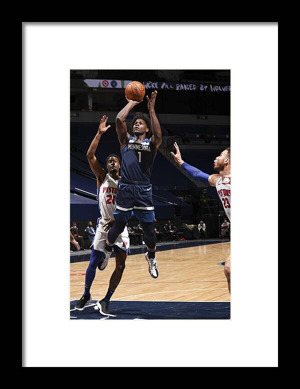 Anthony Edwards Framed Print featuring the photograph Detroit Pistons v Minnesota Timberwolves by David Sherman