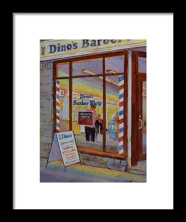 Canada Framed Print featuring the painting Dino's Barbershop by David Gilmore