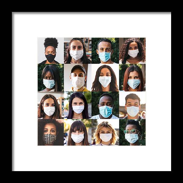Diversity Framed Print featuring the photograph Diverse group of people portraits with surgical masks by LeoPatrizi
