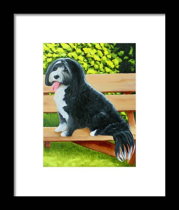 Pet Portrait Framed Print featuring the painting Dog on a Park Bench by Tracy Hutchinson