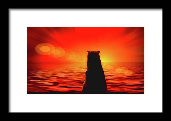 Animal Framed Print featuring the mixed media Dog Watching the Sunset at Sea by Shelli Fitzpatrick
