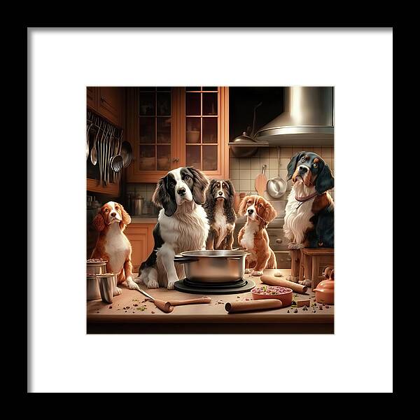 Dogs Framed Print featuring the digital art Dogs in the Kitchen 01 by Matthias Hauser