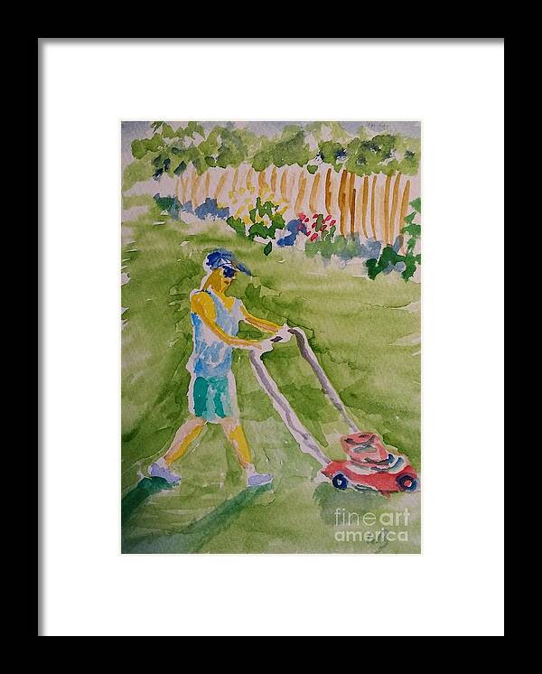 Mowing Framed Print featuring the painting Donna Mowing by Walt Brodis