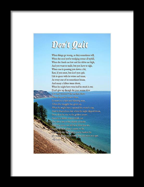 Inspirational Framed Print featuring the mixed media Don't Quit Inspirational Poem by Christina Rollo