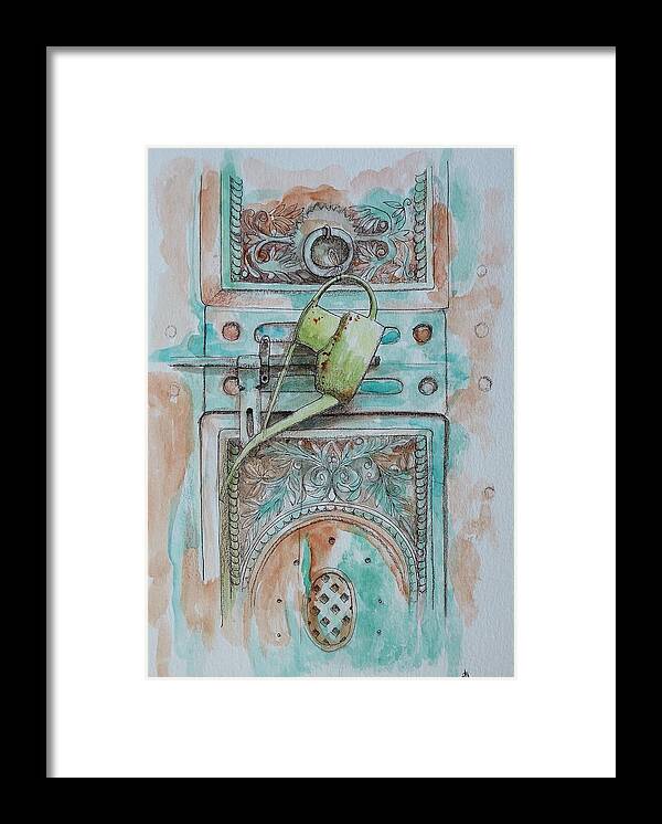Watering Can Framed Print featuring the mixed media Door with watering can by Lisa Mutch