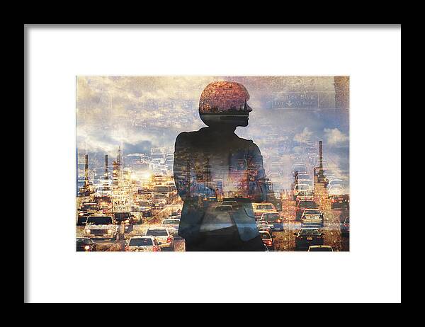 Working Framed Print featuring the photograph Double exposure of businesswoman and traffic by Pete Saloutos