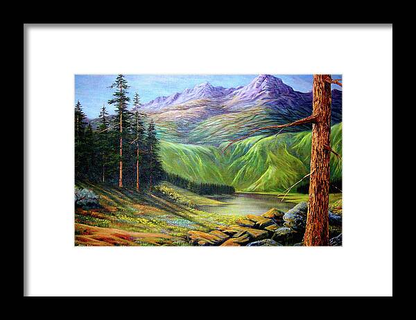 Lake Framed Print featuring the painting Doug's Hidden Valley by Loxi Sibley