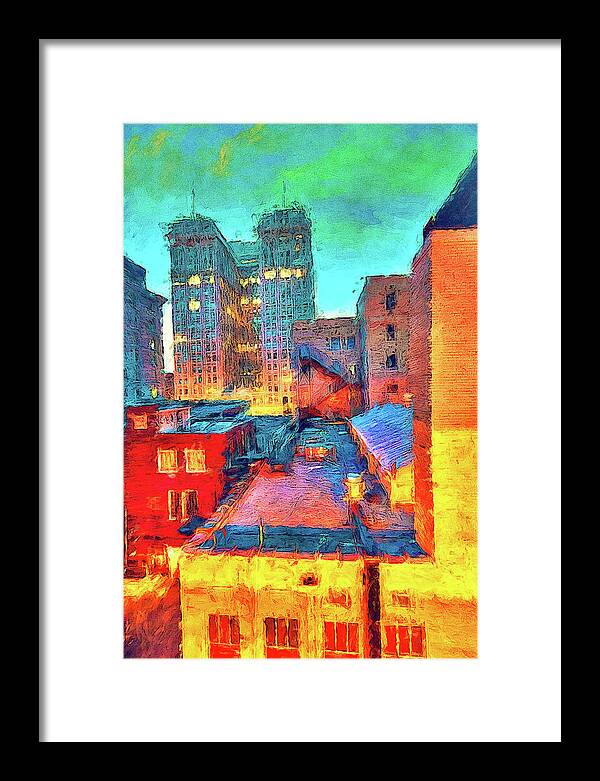 North Carolina Framed Print featuring the painting Downtown Colorful Greensboro ap by Dan Carmichael