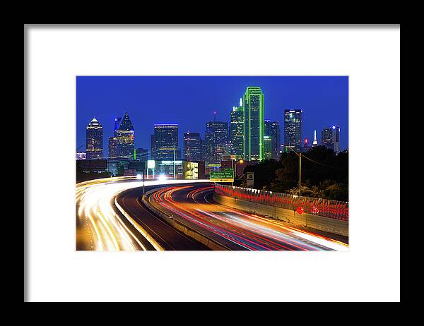 Dallas Skyline Framed Print featuring the photograph Downtown Dallas Texas City Skyline at Dusk by Gregory Ballos