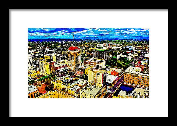 Fresno Framed Print featuring the digital art Downtown Fresno, California - impressionist painting by Nicko Prints
