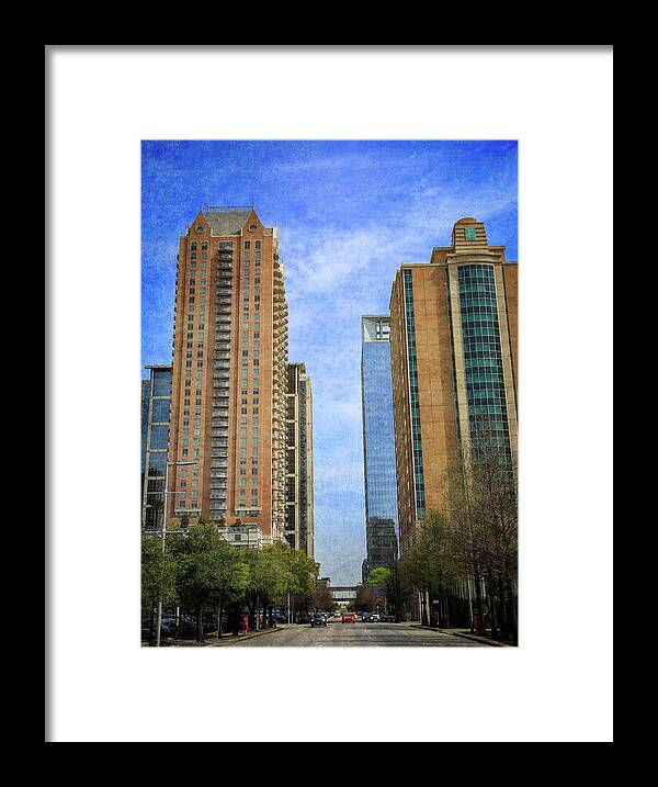 Downtown Houston Texas Textured Blue Sky Framed Print featuring the photograph Downtown Houston Texas Textured Blue Sky by Dan Sproul