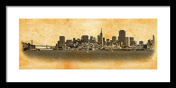 San Francisco Framed Print featuring the digital art Downtown San Francisco skyline and the Golden Gate bridge - blended on old paper by Nicko Prints