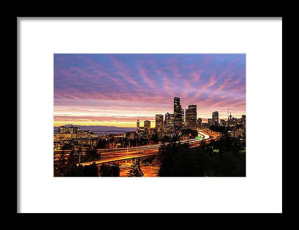 Outdoor; Sunset; Spring; Twilight; Downtown; Seattle; Highways; Elliot Bay; Night; Night Photography; Cloud; Strip Clouds; Washington Beauty; Pnw Photography Framed Print featuring the digital art Downtown Seattle in Twilight by Michael Lee
