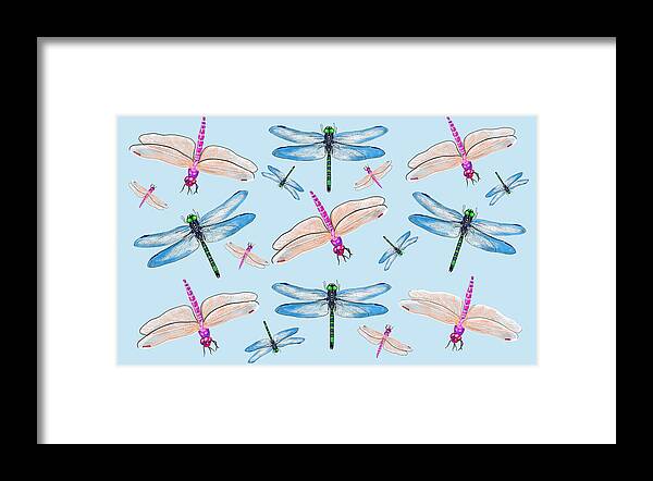 Dragonflies In Blue Sky By Judy Link Cuddehe Framed Print featuring the mixed media Dragonflies in Blue Sky by Judy Cuddehe