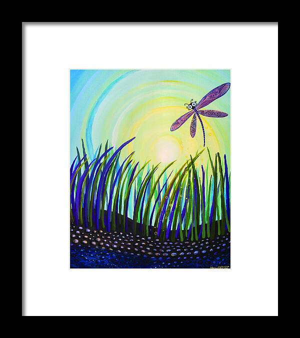 Dragon Fly Framed Print featuring the painting Dragonfly at the Bay III by Mindy Huntress
