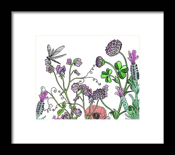 Wildflowers Framed Print featuring the painting Dragonfly On Sweet Pea Wildflower Garden Botanical Watercolor by Irina Sztukowski
