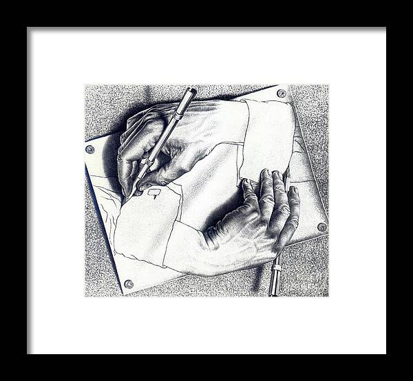 Drawing Hands Framed Print featuring the drawing Drawing Hands by MC Escher