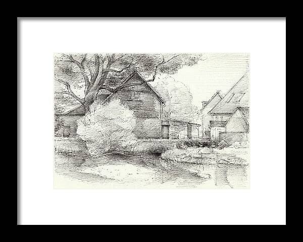 Pond Framed Print featuring the drawing Dreamy mood at the village pond by Adriana Mueller