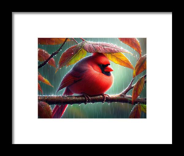 Male Cardinal Framed Print featuring the photograph Drenched Cardinal Under a Leaf Canopy by Bill and Linda Tiepelman