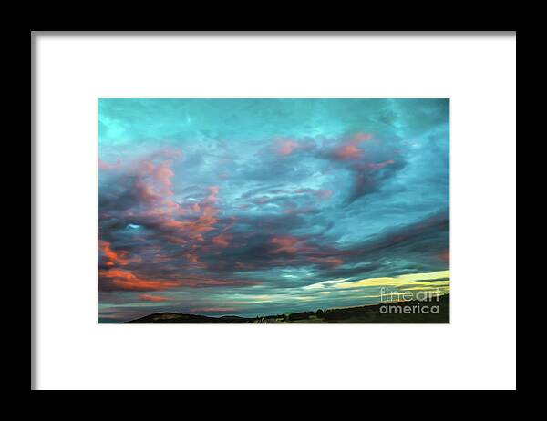 Vibrant Framed Print featuring the digital art Driving toward the sunset with dramatic sky near Grand Canyon US by Susan Vineyard