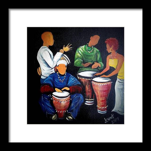 Drummers Framed Print featuring the painting Drum Circle by Jenny Pickens
