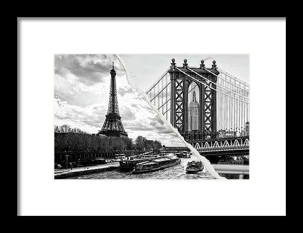 Eiffel Tower Framed Print featuring the photograph Dual Torn Collection - Paris New York BW by Philippe HUGONNARD