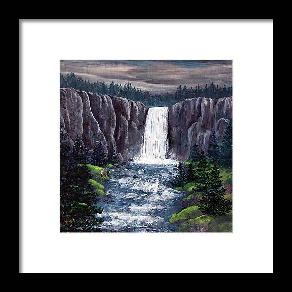Tumalo Falls Framed Print featuring the painting Dusk at Tumalo Falls by Laura Iverson