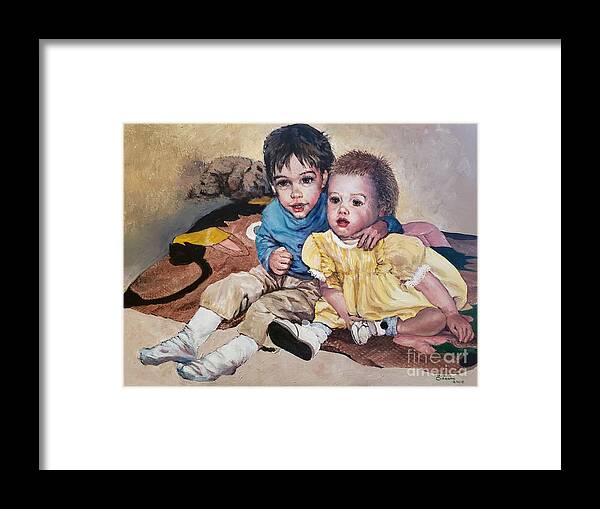 Children Framed Print featuring the painting Dynamic Duo by Merana Cadorette