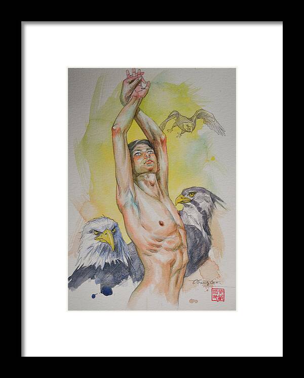 Watercolor Framed Print featuring the painting Eagle and man #191212 by Hongtao Huang