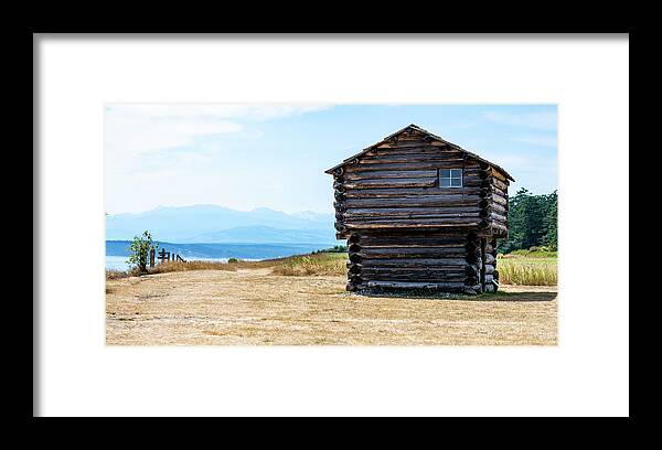Ebey's Blockhouse And Olympic Mountains Framed Print featuring the photograph Ebey's Blockhouse and Olympic Mountains by Tom Cochran