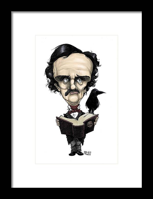 Caricature Framed Print featuring the drawing Edgar Allan Poe in color by Mike Scott