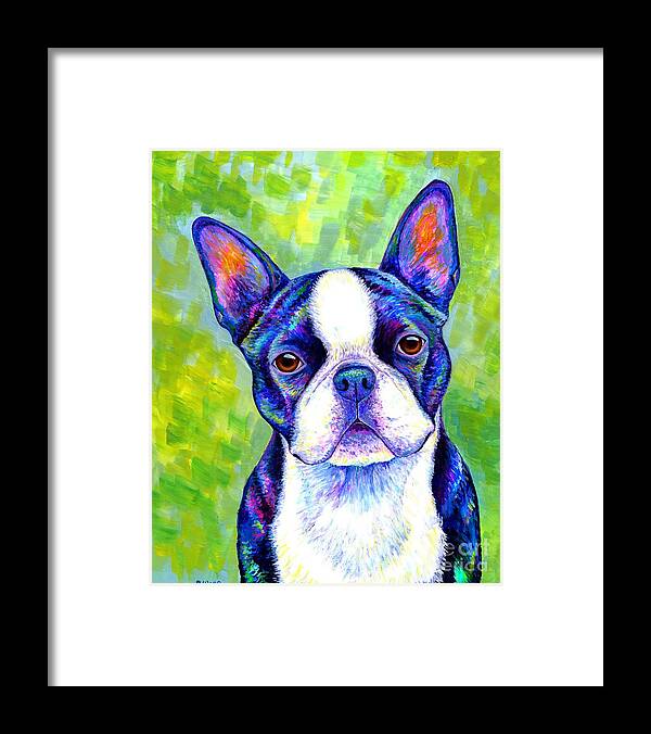 Boston Terrier Framed Print featuring the painting Effervescent - Colorful Boston Terrier Dog by Rebecca Wang