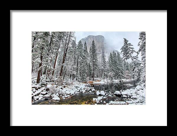 El Capitan And The Merced River Snow In Yosemite National Park Framed Print featuring the photograph El Capitan and The Merced River with Snow in Yosemite National Park by Dustin K Ryan
