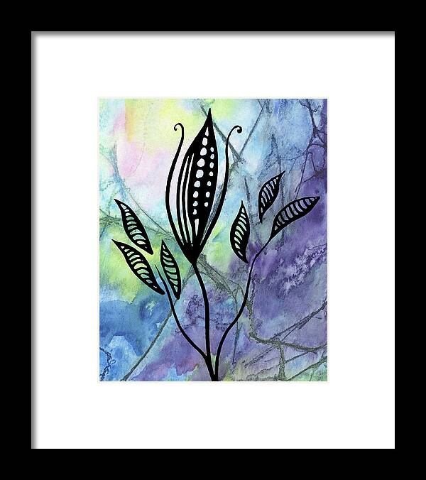 Floral Pattern Framed Print featuring the painting Elegant Pattern With Leaves In Blue And Purple Watercolor I by Irina Sztukowski